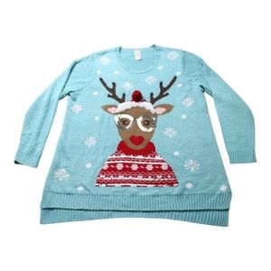 Holiday TIME Festive Reindeer Holiday Sweater - Blue and Red 18W 2X